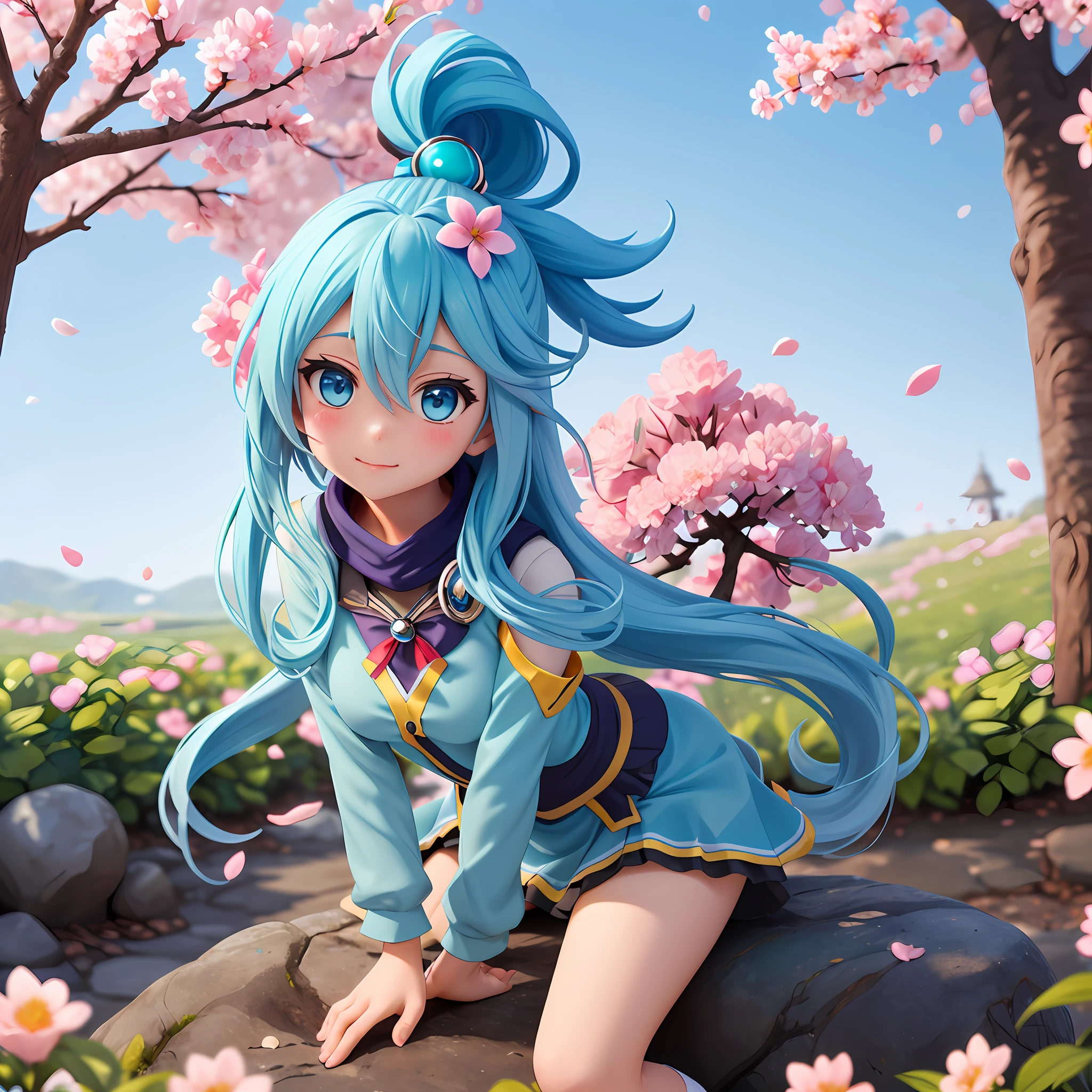 1girl (aqua_konosuba), soil, long light blue hair blown by the wind, blue eyes, white sock, lace, look at the viewer, luxurious, elegant, extremely detailed, majestic, blurry, blurred background, tree, branch, cherry blossoms, butterfly, petals of windblown flowers, depth of field,