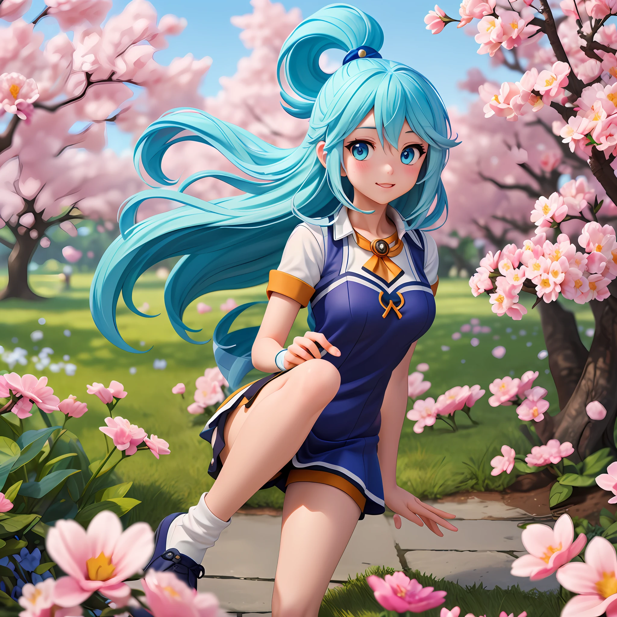 1girl (aqua_konosuba), soil, long light blue hair blown by the wind, blue eyes, white sock, lace, look at the viewer, luxurious, elegant, extremely detailed, majestic, blurry, blurred background, tree, branch, cherry blossoms, butterfly, petals of windblown flowers, depth of field,