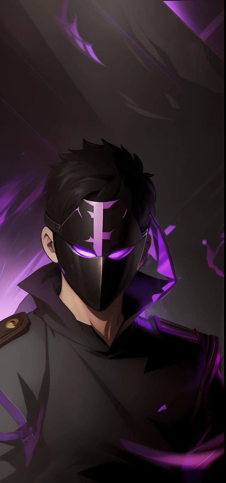 chibi, cartoonesque, A young man with short black hair with a mask covering his entire face, on the mask there is a purple L, ( ( ( mask ) ), broken mask, vega mask, light face [[bronze]] [mask], unsharpened mask, unknown art style, anime style. 8k, broken visor, mask is broken, dark background, shadow world background, purple, purple L