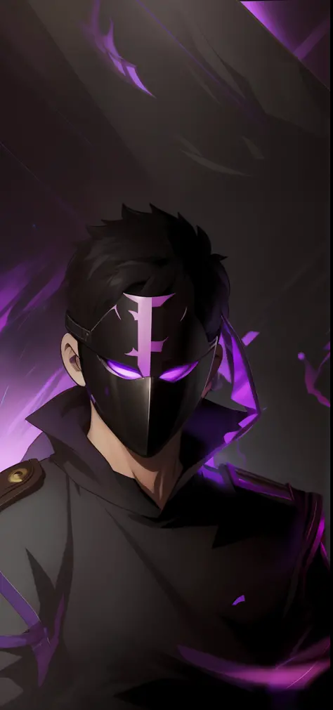 chibi, cartoonesque, A young man with short black hair with a mask covering his entire face, on the mask there is a purple L, ( ...