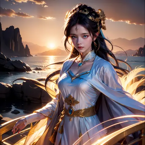 A sea of golden clouds, Surrounded by mountains, Classical antique girl, motion blur, cinematic lighting, best quality, 4K