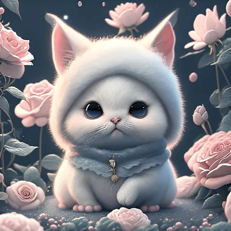 create ultra-detailed, cute kittens surrounded by ethereal roses, in fortato design, better quality, high resolution --auto