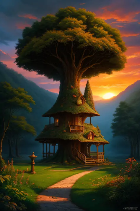 dreamlikeart valley, fairytale treehouse village covered,, matte painting, highly detailed, dynamic lighting, cinematic, realism...