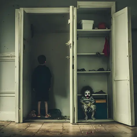 Clown watching child through wardrobe 

, dynamic lighting, photorealistic, trends in the art station, stunning visuals, nebulou...