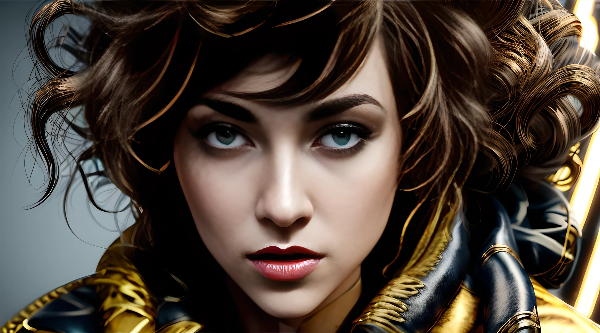 arafed woman with a gold jacket and a black and gold scarf, imogen poots d&d paladin, hyperrealistic digital painting, imogen poots paladin, side portrait of imogen poots, fierce - looking, charli bowater, portrait of ultra realistic, ultra realistic digital painting, charli xcx, short brown hair and large eyes