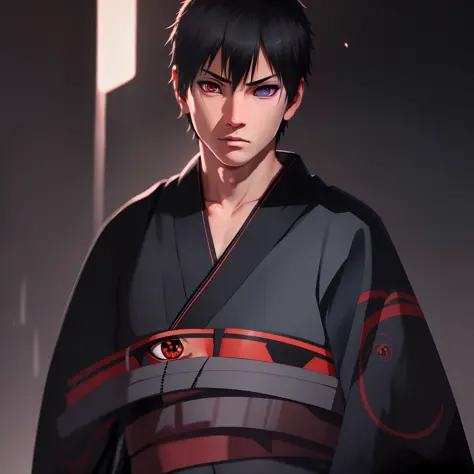 1boy, adult man, dressed in a black kimono, black eyes, light in eyes, dark background