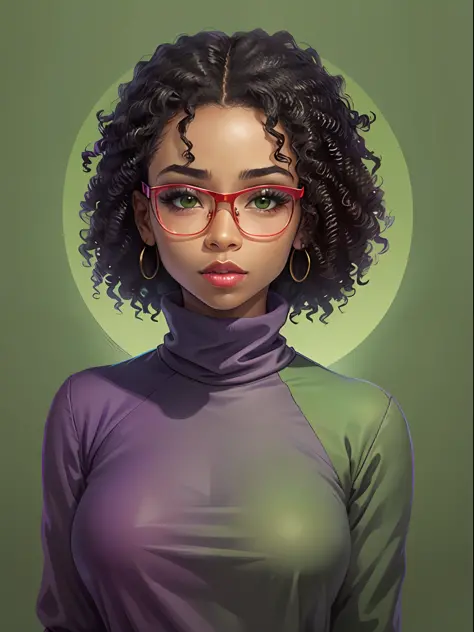 An illustration of African american woman with natural hair, short hair, soft makeup, purple blouse with turtleneck, red lipstick, wearing prescription glasses, green chroma key background