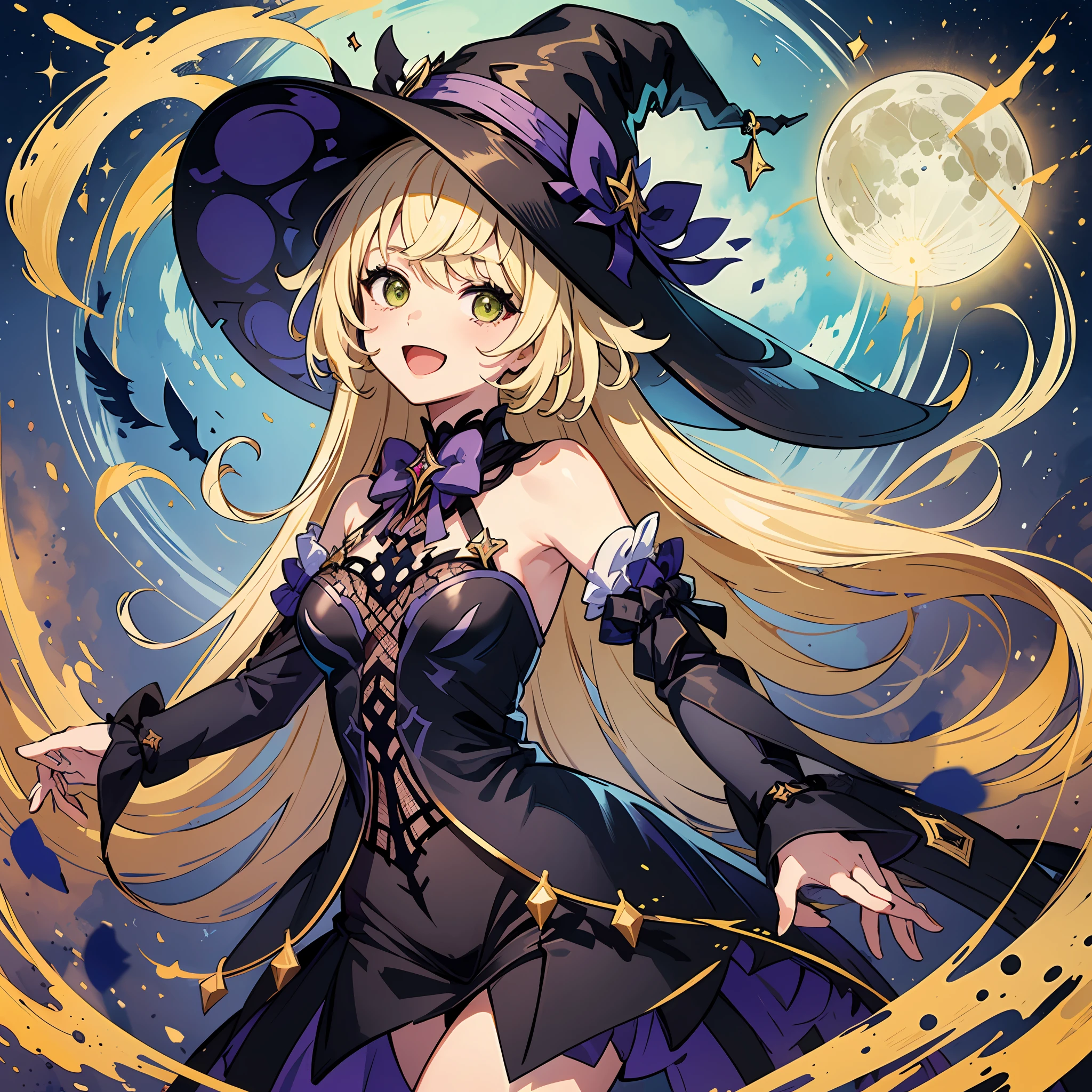 ((yileina)),(((masterpiece))),(best quality))),((very detail)))),bare shoulders ,white_collared shirt,yellow ribbon,witch hat,black robe,black skirt,loli,night,moon,shine,:D