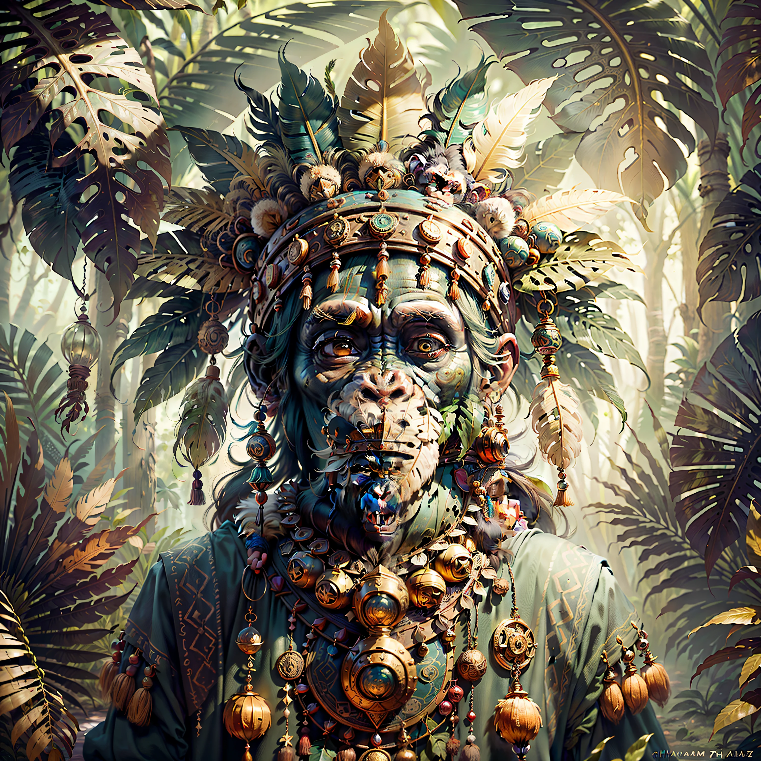 Cheerful Chimpanzee Head ((Shaman)),((meditative state),,Shaman, elegant chimpanzee, hair with details, with Indian headdress on head, ((meditating)) many colorful feathers, colored feathers, facing the camera, detail: dense tropical foliage, highly detailed intricate, ((masterpiece)), ultra hyperrealistic, masterpiece