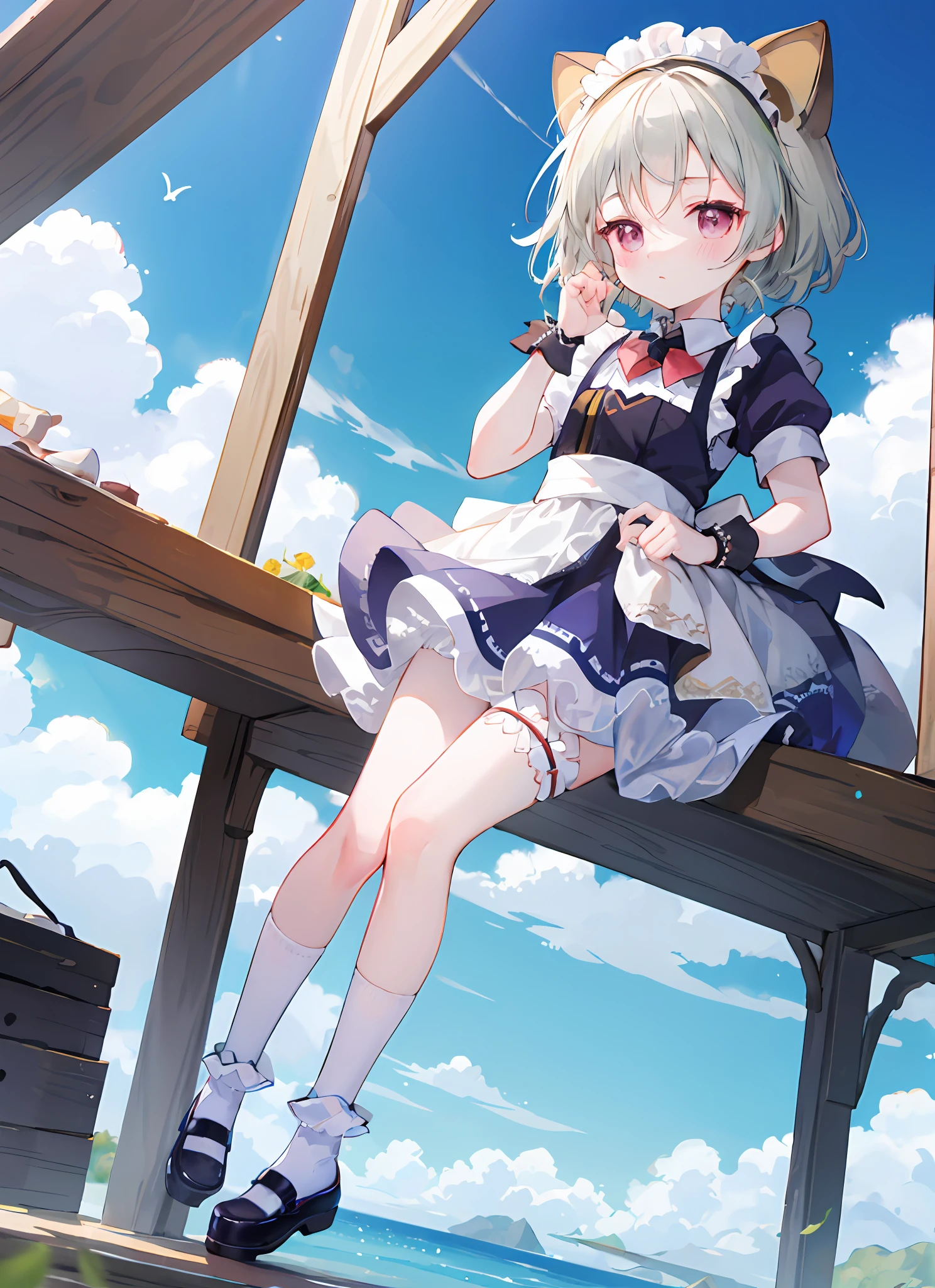 blush, outdoors, daytime, simple background, blue sky, rippled hair, sky, looking at the audience, loli, very cute expression, small short legs, avatar, maid outfit, white over-the-leg socks,