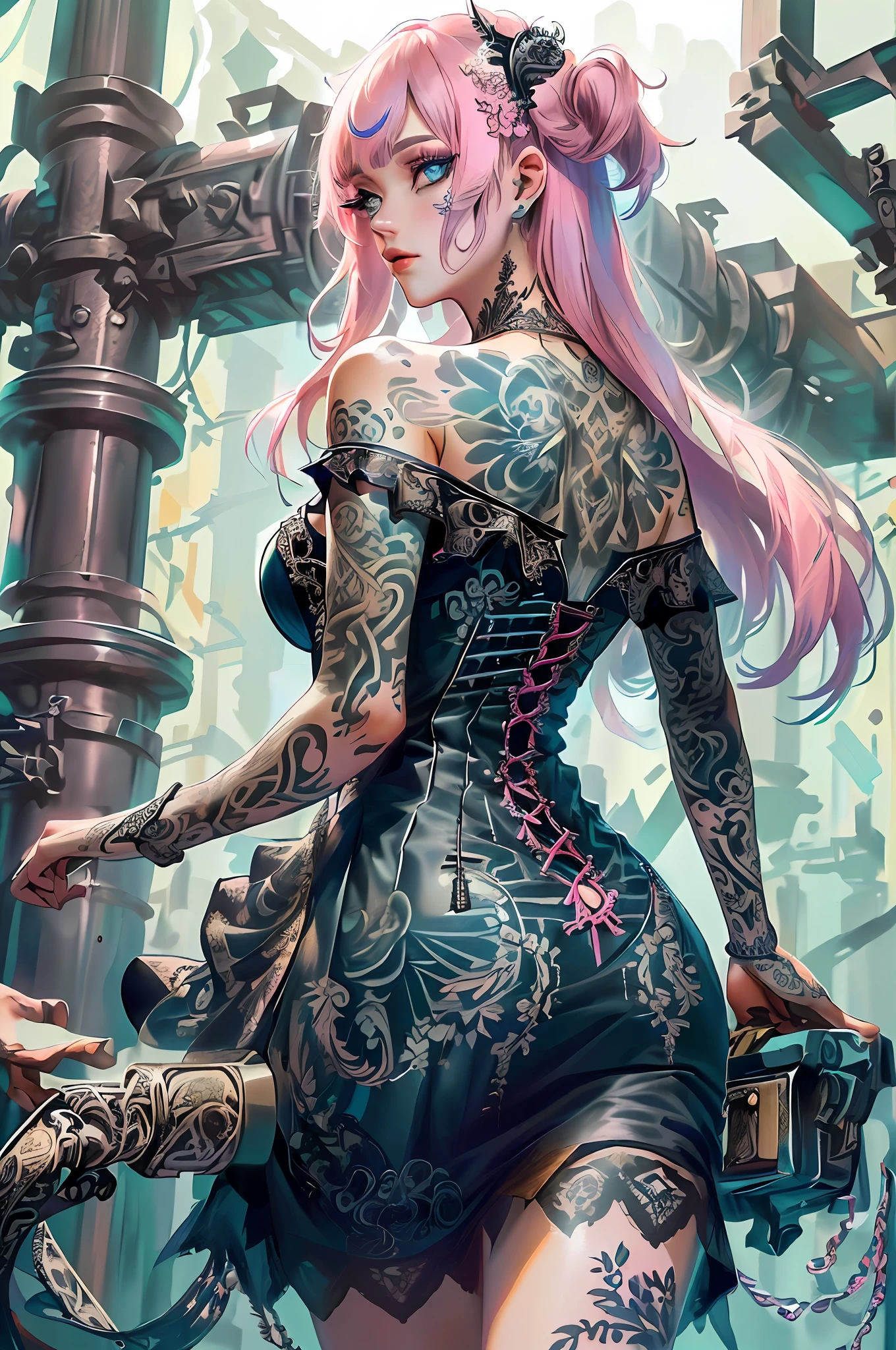 komplexe Details, schöne und zarte Augen, PastelGothAI dress, PastelGothAI-Hintergrund, Weg von der Schulter, Tätowierung, irezumi, Ultrarealistische 8K-CG, Meisterwerk, ((ultra-detaillierter Hintergrund, zartes Muster, komplizierte Details)), beste Qualität, komplizierte Details, 1 Mädchen, Allein, lange Haare, Zerzaustes Haar, hinterrücks