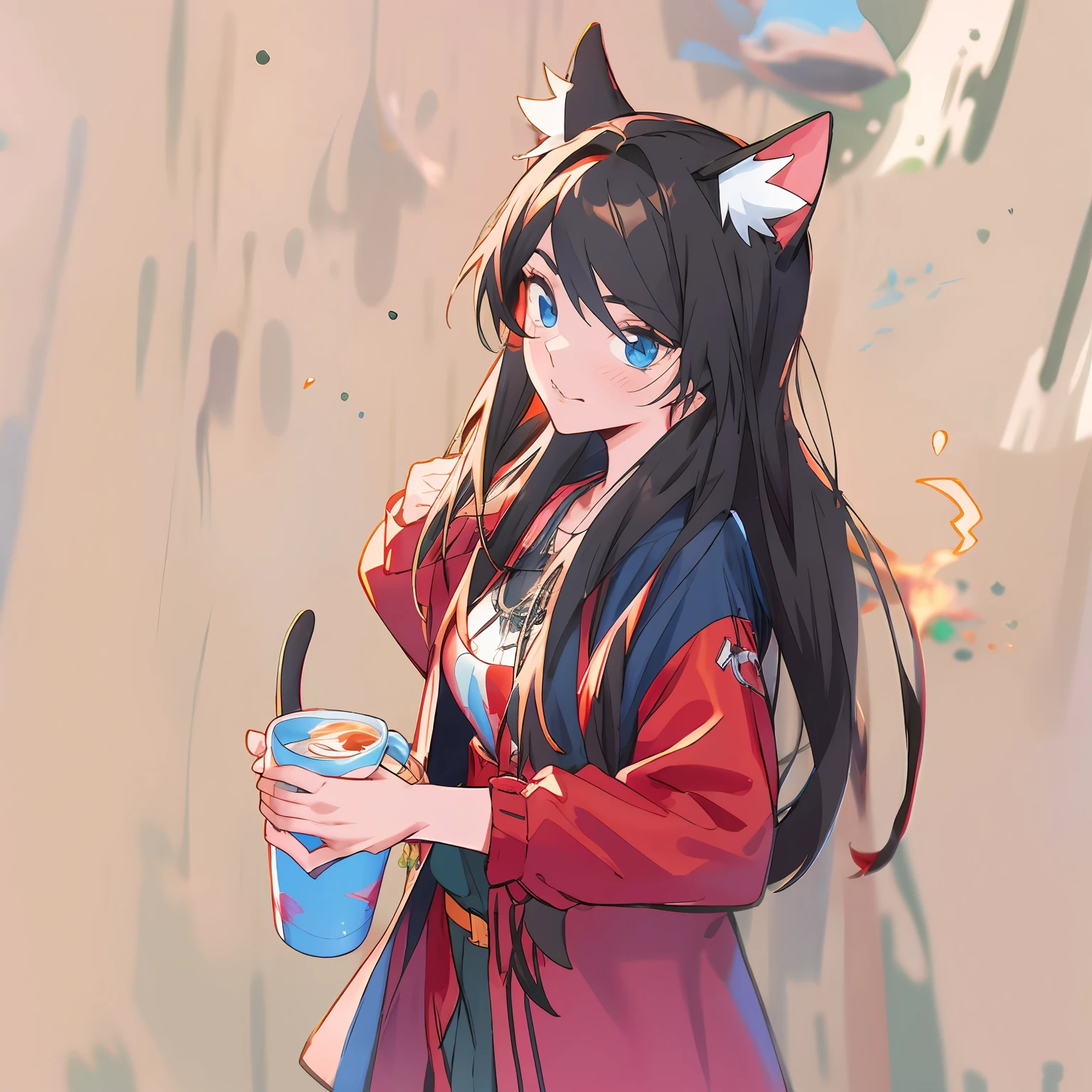 chica anime con orejas de gato y una chaqueta roja sosteniendo una taza blanca, artgerm y atey ghailan, obra de arte al estilo de guweiz, Atey Ghailan 8K, arte animado digital, guweiz, estilo anime 4k, ilustración de anime digital, Ross Tran 8K, guweiz en artstation pixiv, arte digital estilo anime, café, café cup