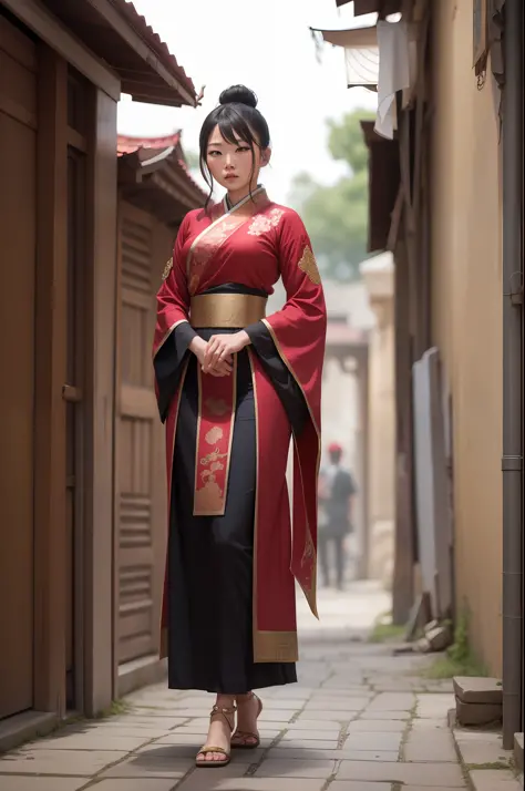 Creates an Asian demigoddess with sword in hand, living in one.  ancient city and wearing ancient clothes without nudity.  Dress...