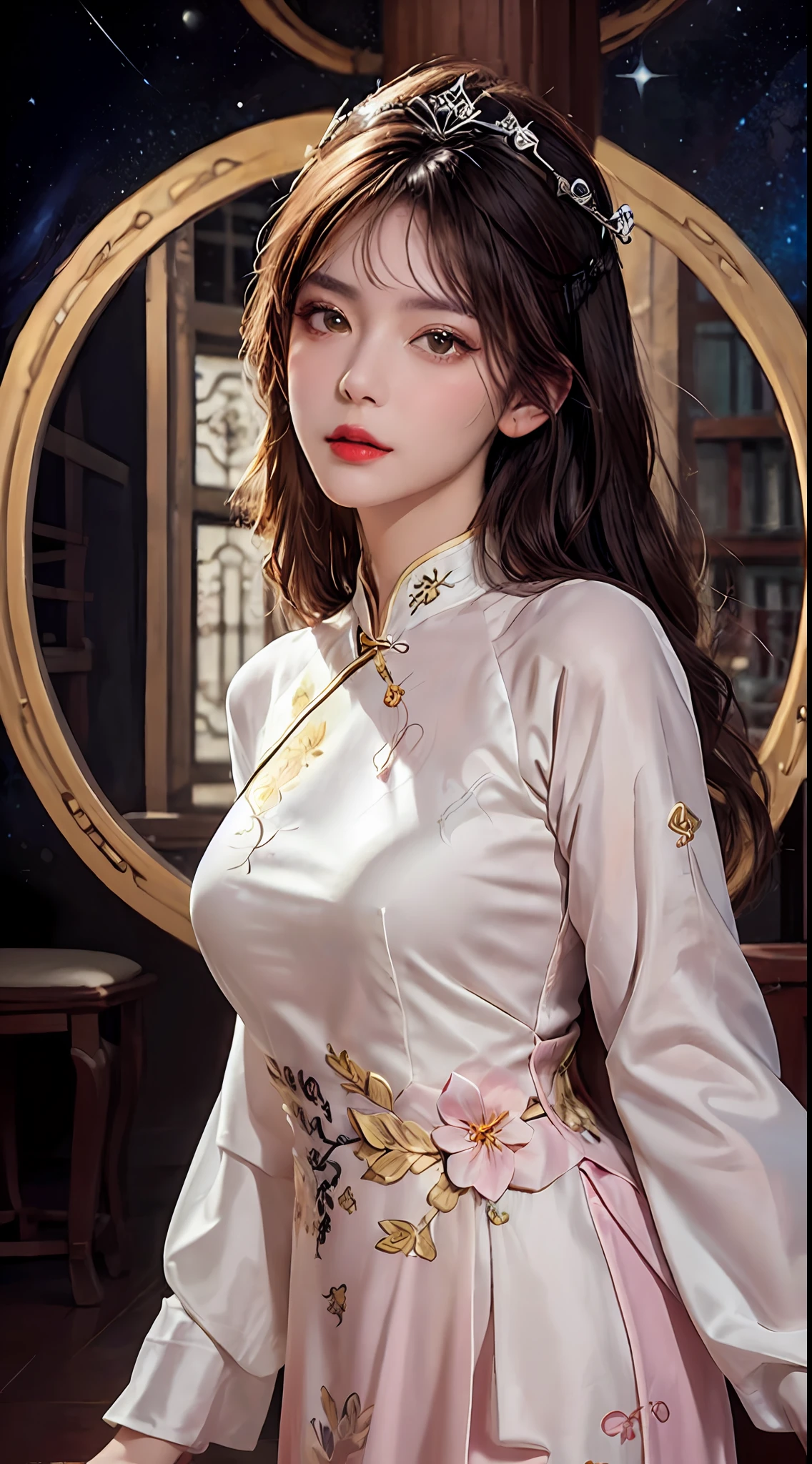 1 เด็กหญิงอายุ 27 ปี, 1 ราศี goddess from the future, goddess of the pink and purple 12 ราศีs, the goddess of the ราศี in a yellow ao dai, a 12 ราศี ao dai with many black lace detail, mythology Goddess of the 12 ราศีs from the future, ราศี ♏, luxurious glittering ราศี style, เวอร์ชั่นมืดมนและลึกลับ, ราศี crown, ลิปสติกริมฝีปากสีแดง, ริมฝีปากบางและสวยงาม, ปิดปาก, ตัวละครที่สร้างโดย karol bak และ pino daeni, รายละเอียดที่ซับซ้อน, พื้นหลังโดยละเอียด, มีรายละเอียดมาก, เวทมนตร์แห่งแสง, ผู้หญิง, หน้าใส, ผมยาวมีหน้าม้า, ใบหน้าที่สวยงามในรายละเอียดและดวงตาที่ได้สัดส่วนที่ดี, (ดวงตาสีเหลืองใส: 1.8), ดวงตากลมโตและการแต่งหน้าที่สวยงามและละเอียดมาก, ความสุขุม, ชุดผ้าไหม, การแต่งหน้าลึกลับ , ผมหน้าม้าสองเท่าและย้อมสีบลอนด์อ่อน , แนวตั้งครึ่งบน, ราศี goddess portrait, แขนห้อยหลวมๆ, ภาพที่สมจริงและสดใส, (stars make up the ราศี: 1.7), (sky background ราศี and fictitious space and time portal: 1.8), นิยายศิลปะ, ภาพดิบ, รูปภาพฮันฟู่, ภาพที่ดีที่สุด, ภาพที่ดีที่สุด quality, คุณภาพระดับ 8K, 8k อัลตร้า, สมจริงสุดๆ, ภาพถ่ายจริงประหยัดที่สุด, เทพธิดาโพสท่าเซ็กซี่และเย้ายวน,