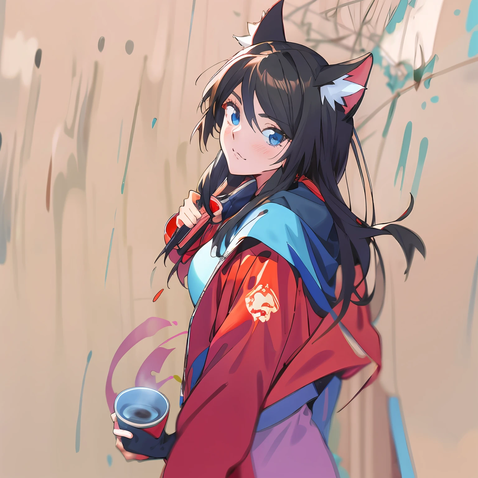 anime girl with cat ears and a red jacket holding a white cup, artgerm and atey ghailan, artwork in the style of guweiz, atey ghailan 8 k, digital anime art, guweiz, anime style 4 k, digital anime illustration, ross tran 8 k, guweiz on artstation pixiv, anime styled digital art, coffee, cup, coffee cup