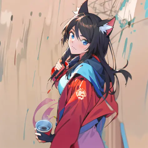 anime girl with cat ears and a red jacket holding a white cup, artgerm and atey ghailan, artwork in the style of guweiz, atey gh...