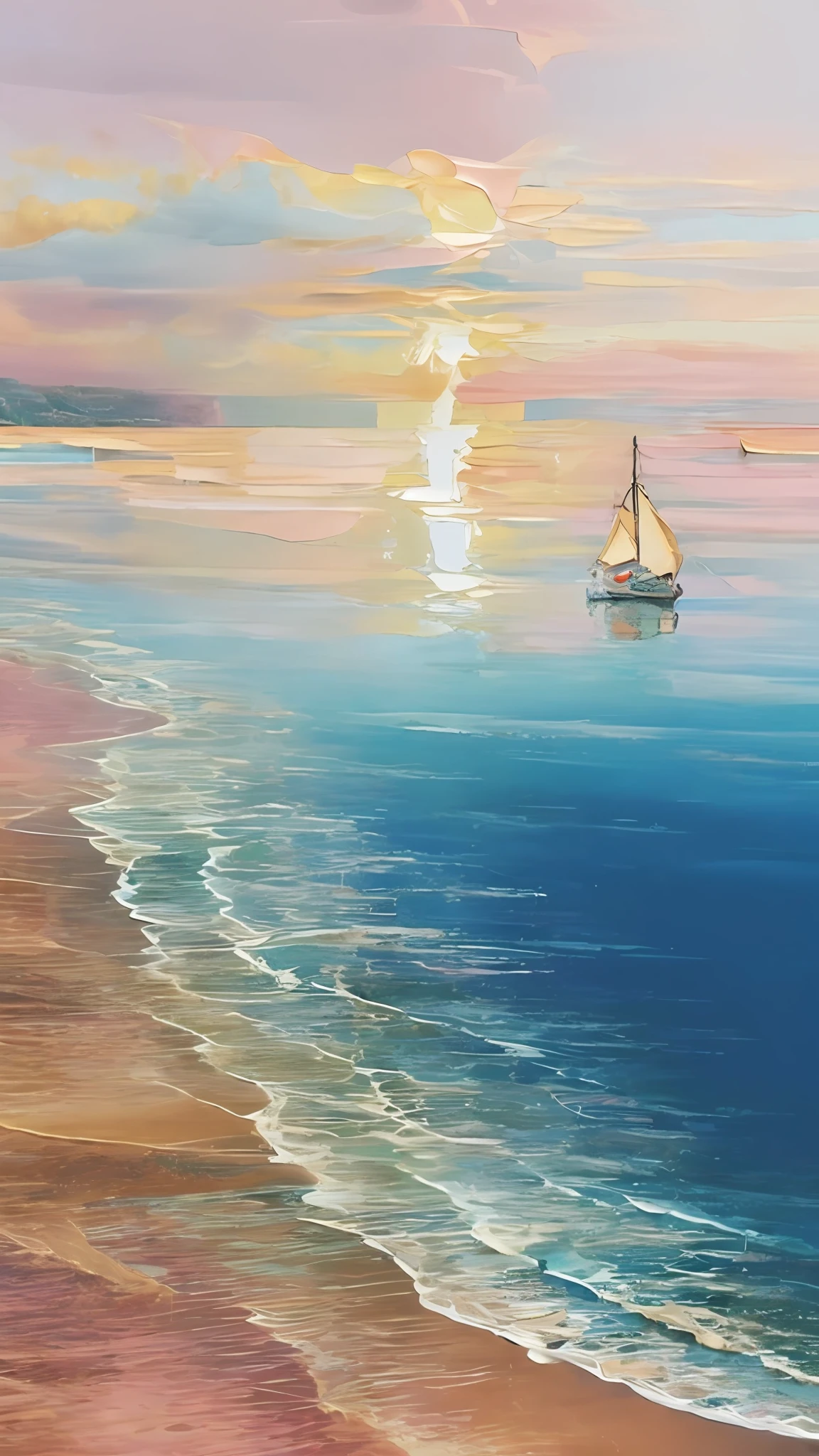 painting of a sailboat on the ocean with a beach in the background, calm seas, oil paintings, detailed acrylic painting, acrylic painting, canvas painting, oilpainting, detailed paintings, seascape, an acrylic painting, sailboat, calm and serene, detailed oil painting, pastel painting, detailed sea, serenity & calm, photo of a painting, pastel art