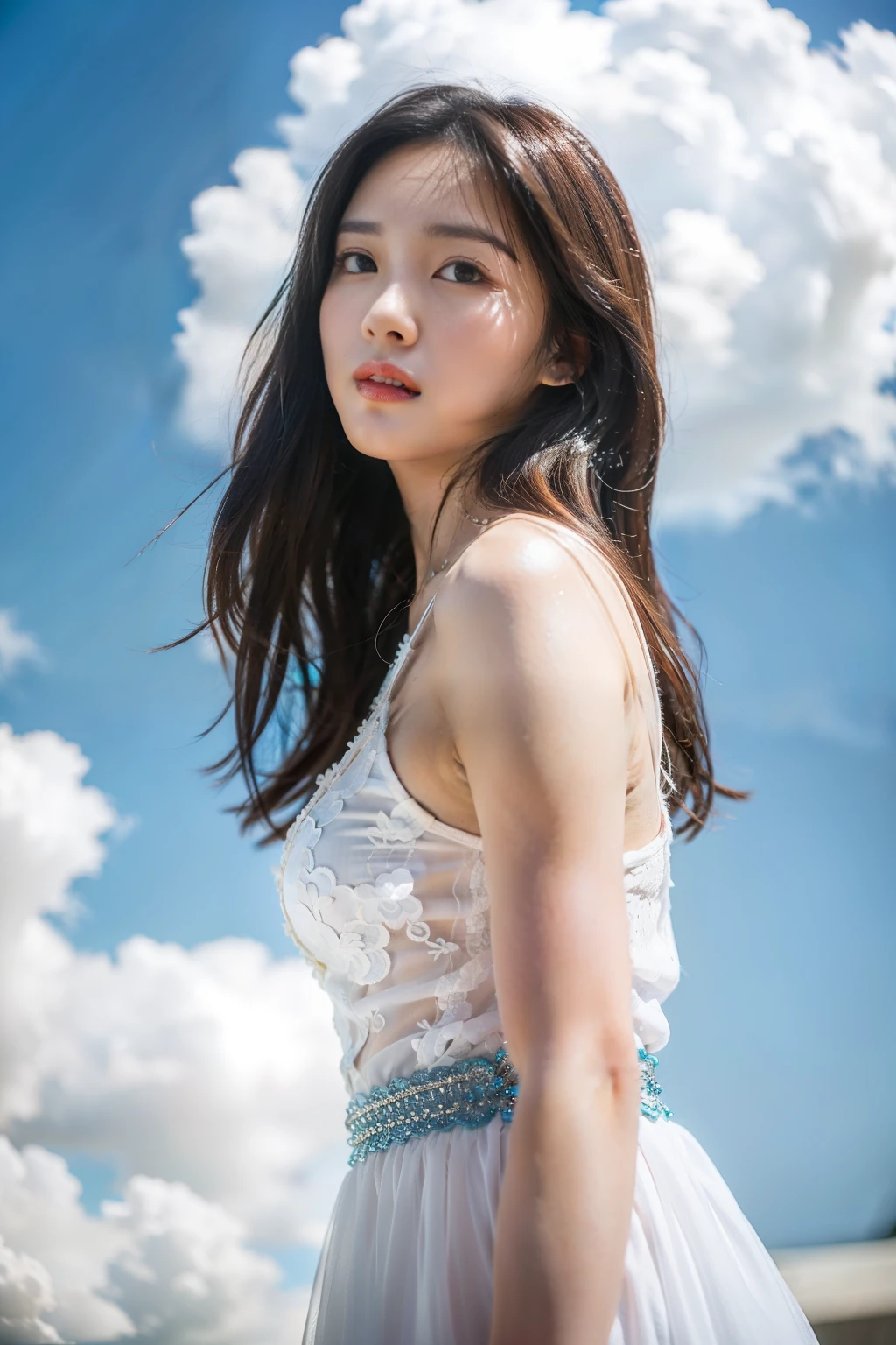 (8k, RAW photo, photorealistic:1.25) ,( lip gloss, eyelashes, glossy side, shiny skin, best quality, super high resolution, depth of field, chromatic aberration, caustics, special light, natural shadows, headwear, Kpop idol), light pink and sky blue style, (real: 1.2), 1girl, (orange sky: 1.5), tall and thin beauty goddess, flowing dress, conservative girl, cloud goddess, flowing white fabric, Wearing a flowing dress, (background with blue sky and white clouds: 1.4), (wind: 1.5), (full body: 1.5), zydG