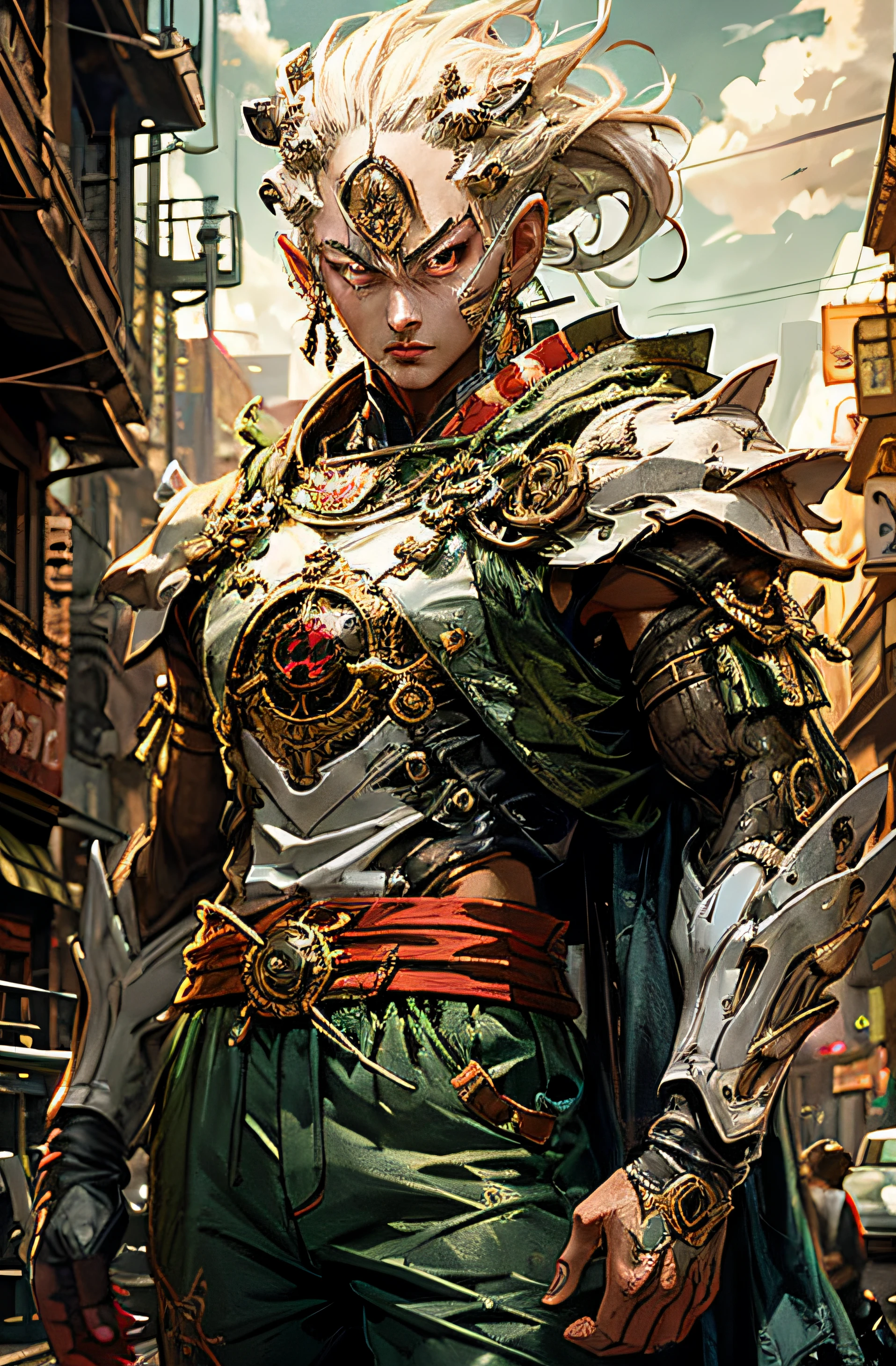 Personaje de anime en una calle de la ciudad  una armadura, Planeswalker, 2. 5 D CGI Anime Fantasy Artwork, Style of Raymond Swanland, Wlop and Ross Tran, Best on Wlop, Intricate Wlop, Amazing Portrait of Viego, Mohrbacher, Epic Exquisite Character Art, Wojtek Fus, Fantasy Card Game Art, WLOP |