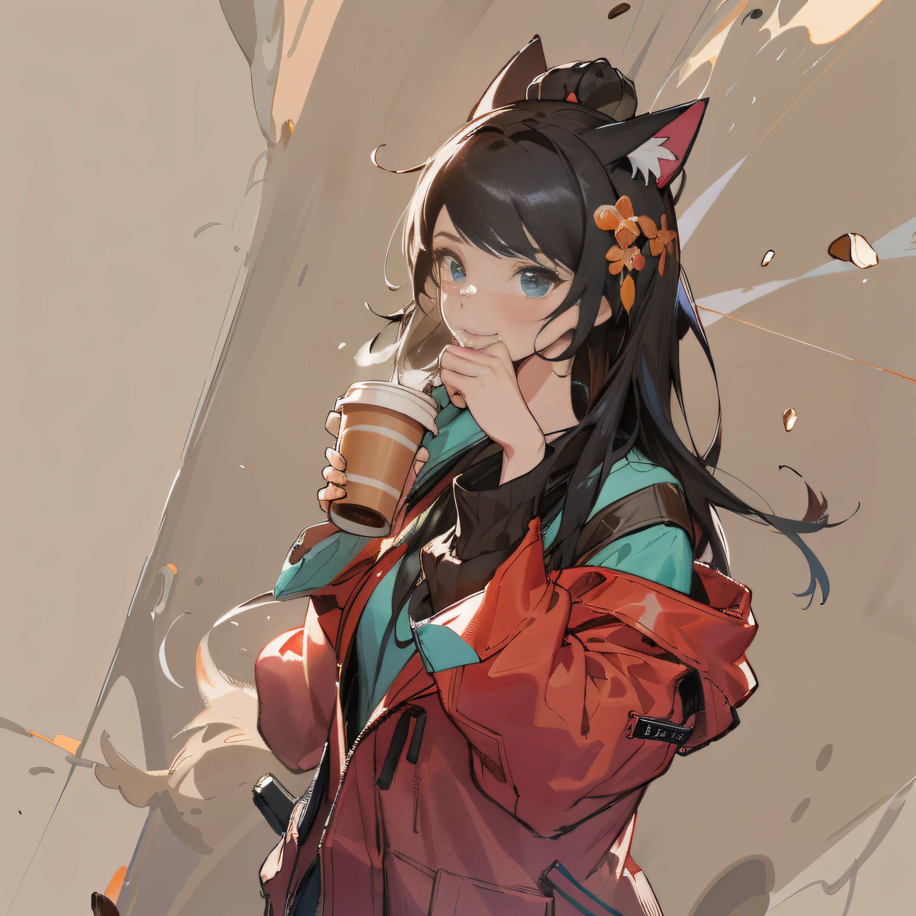 chica anime con orejas de gato y una chaqueta roja sosteniendo una taza blanca, artgerm y atey ghailan, obra de arte al estilo de guweiz, Atey Ghailan 8K, arte animado digital, guweiz, estilo anime 4k, ilustración de anime digital, Ross Tran 8K, guweiz en artstation pixiv, arte digital estilo anime, café, café cup