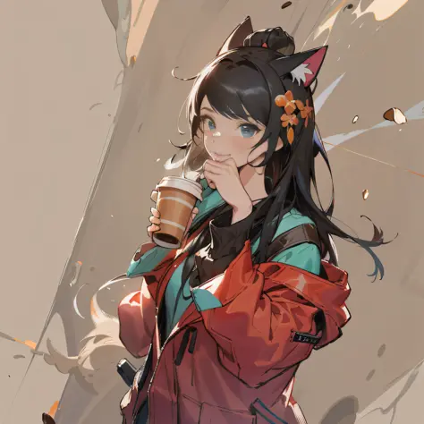 anime girl with cat ears and a red jacket holding a white cup, artgerm and atey ghailan, artwork in the style of guweiz, atey gh...