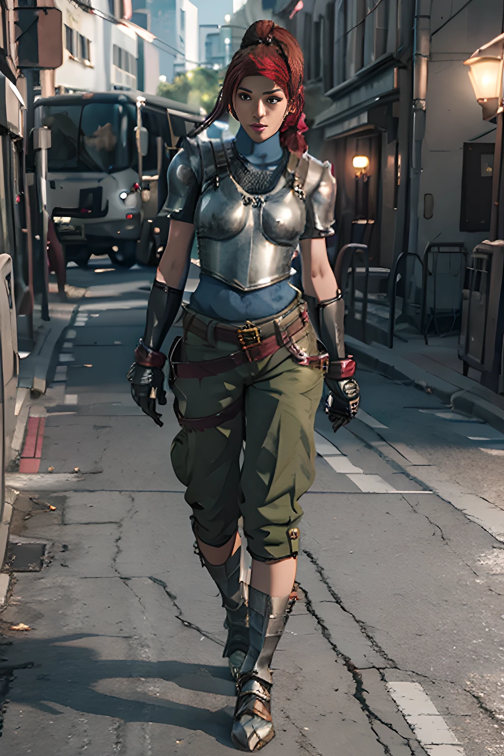 jessie rasberry ,headband, armor, blue bodysuit, belt, fingerless gloves, green pants, boots , UNREAL ENGINE 5 , RAYTRACING, 3d render