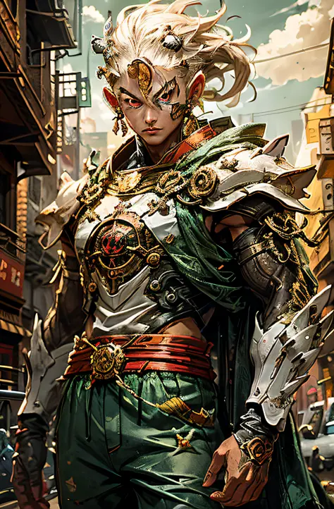 personaje de anime en una calle de la ciudad  una armadura, planeswalker, 2. 5 d cgi anime fantasy artwork, style of raymond swa...