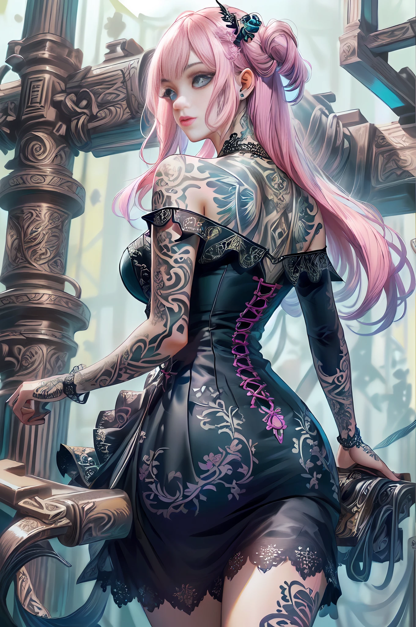 complex details beautiful and delicate eyes, PastelGothAI dress, PastelGothAI background, off-the-shoulder, tattoo, irezumi, Ultra-realistic 8K CG, masterpiece, ((ultra-detailed background, delicate pattern, intricate details)), best quality, intricate details, 1girl, solo, long hair, messy hair, from behind