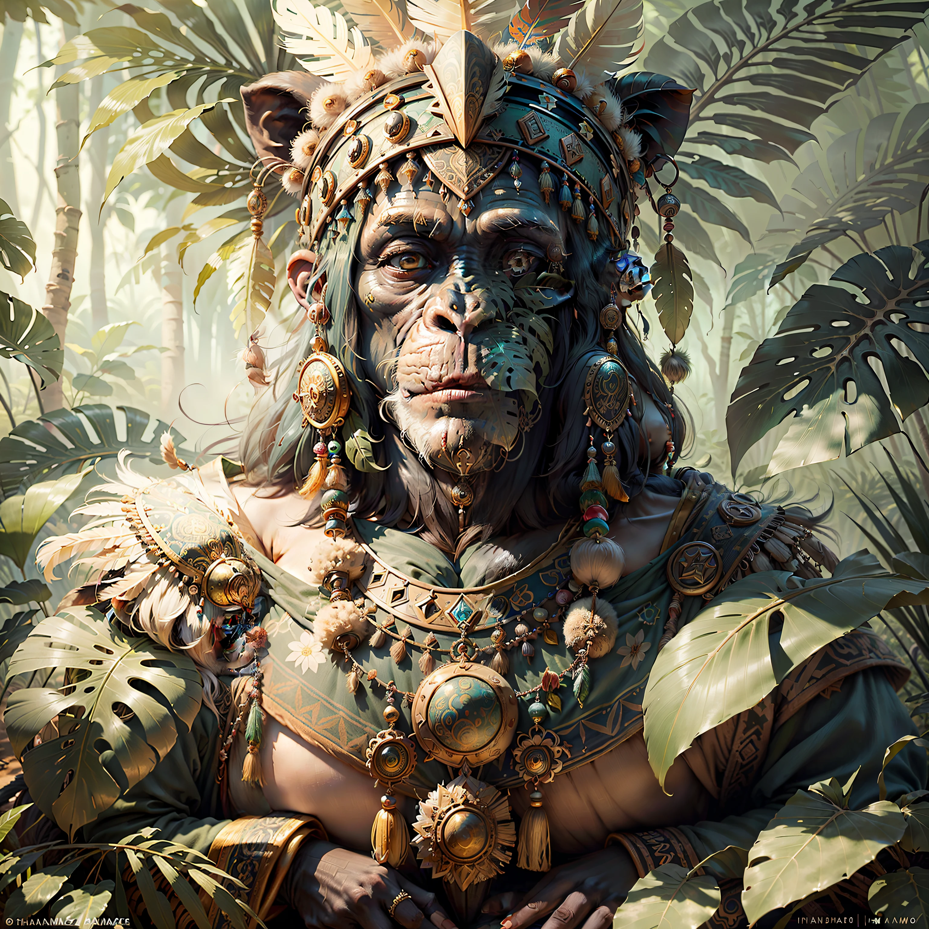 Chimpanzee with headdress ((Shaman)),((meditative state),,Shaman, elegant chimpanzee, hair with details, with Indian headdress on head, ((meditating)) many colorful feathers, colorful feathers, facing the camera, detail: dense tropical foliage, highly detailed intricate, ((masterpiece)), ultra hyperrealistic, masterpiece