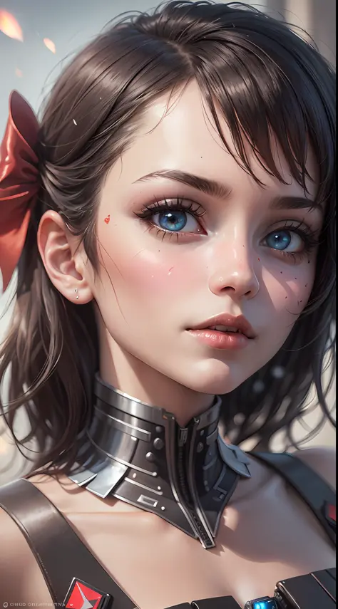 ((best quality)), ((masterpiece)), (detailed), realistic, futuristic, close up face, intricate, impressive, cyberpunk elements, red bow,apple tattoo, Snow White as a futuristic princess with black hair, short straight hair, red bow in hair, white behaved r...