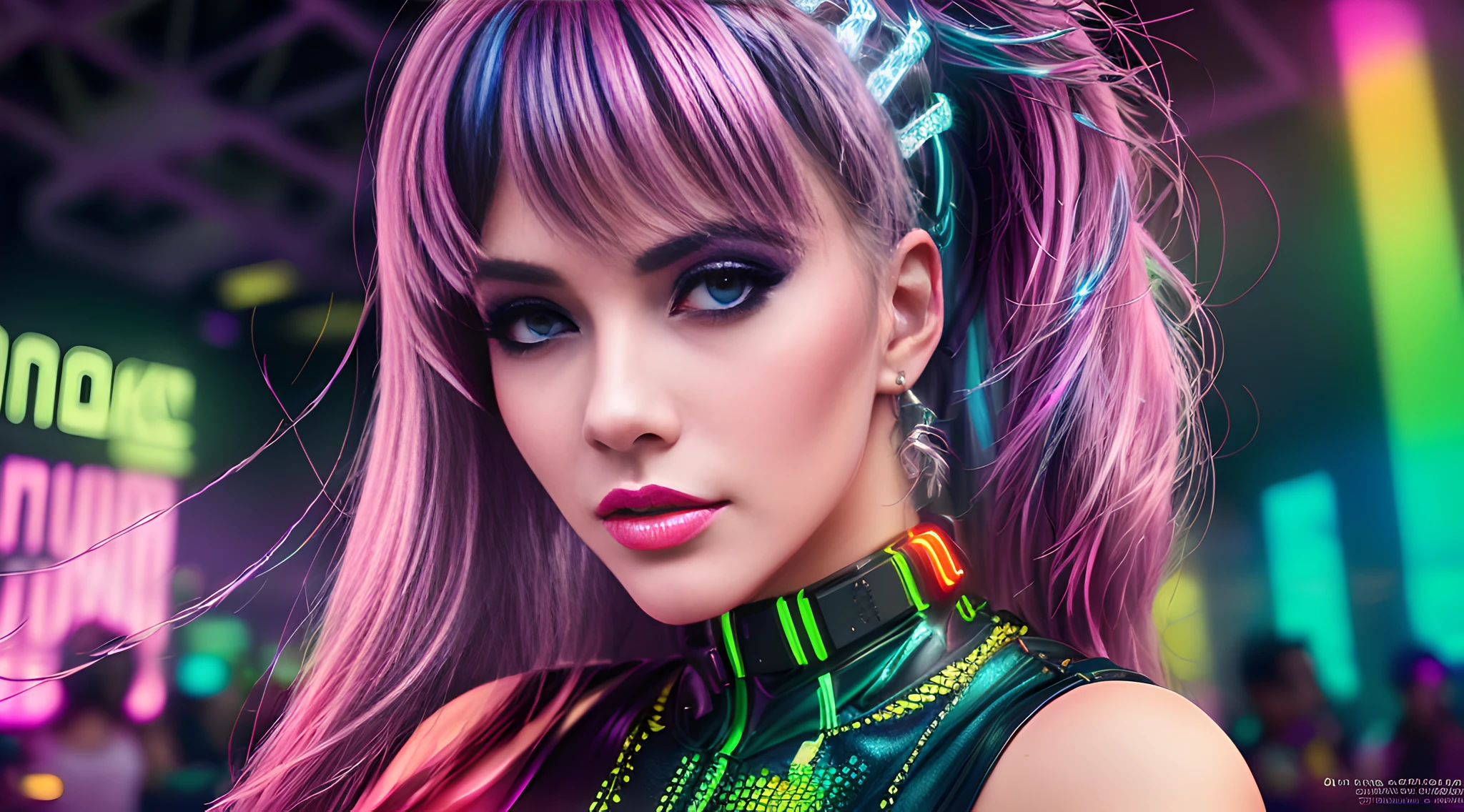 uma mulher de cabelo rosa e maquiagem neon posando para uma foto, garota cyberpunk sonhadora, hyper-realistic estilo cyberpunk, estilo cyberpunk color, garota glitchpunk, cores vibrantes cyberpunk, in estilo cyberpunk, visual ciberpunk, estilo cyberpunk ， hiperrrealista, linda modelo de mulher cyberpunk, lindo rosto de garota cyberpunk, brilho cyberpunk brilhante, Destaques Neon Cyberpunk, linda garota cyberpunk