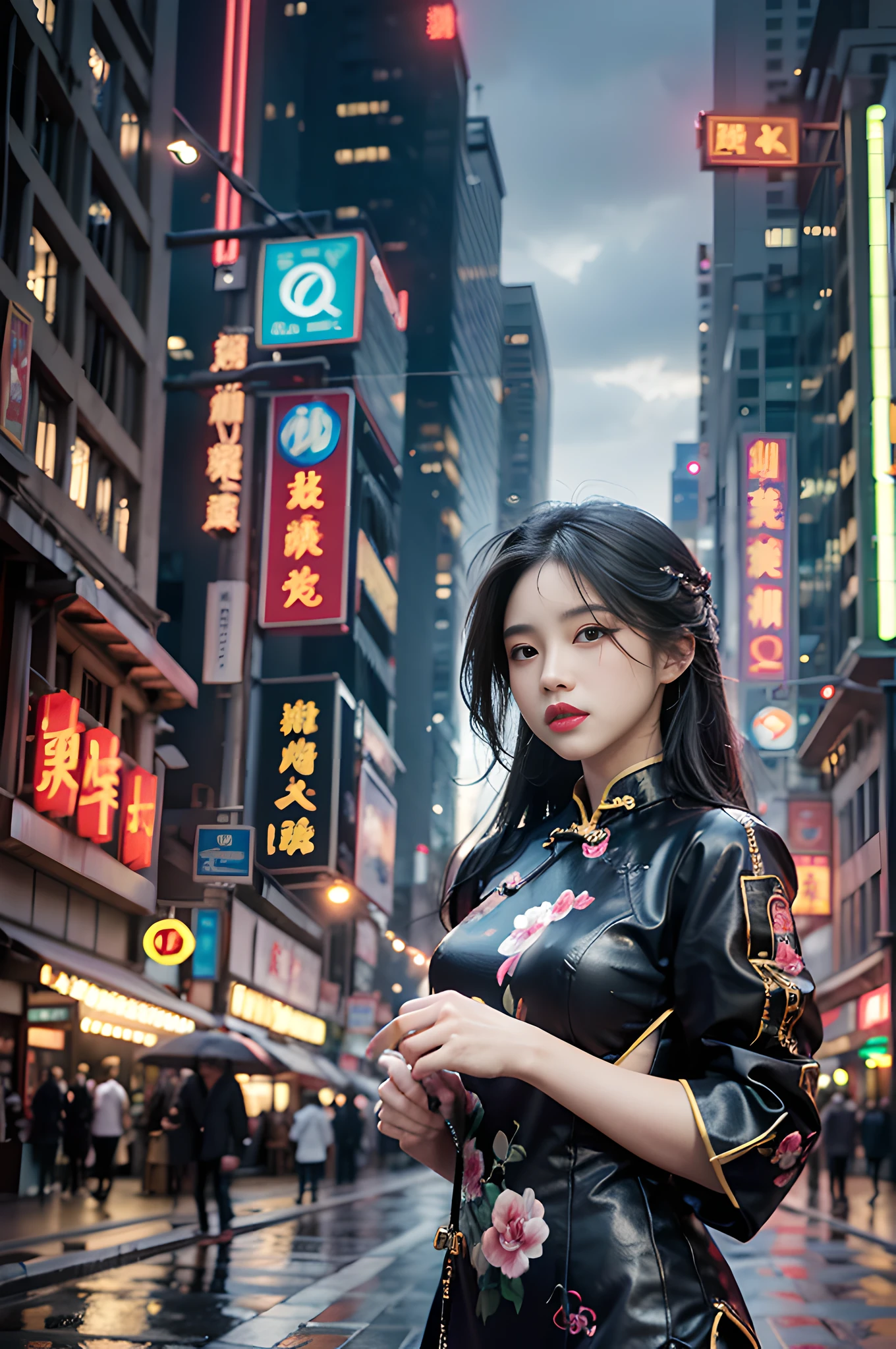 ((best quality)), ((masterpiece)), (detailed), realistic, surreal, surreal, masterpiece, 8k, official art, absurd, high resolution, high quality, ultra-detailed, beauty and aesthetics, futurism, technology, city, night, rain, (1 girl:1.5), cyberpunk, chinese clothing, cheongsam, mechanical parts,