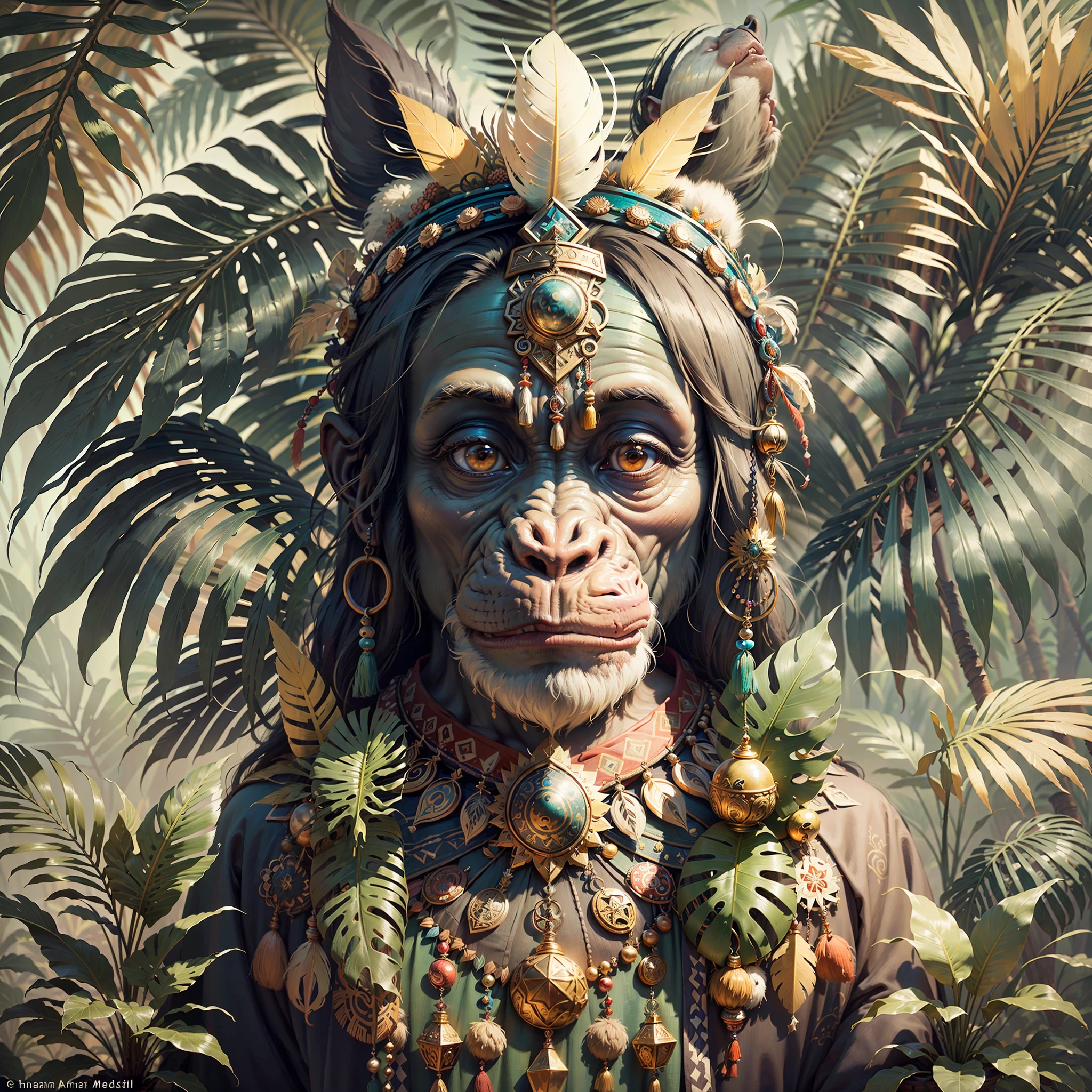 Chimpanzee with headdress ((Shaman)),((meditative state),,Shaman, elegant chimpanzee, hair with details, with Indian headdress on head, ((meditating)) many colorful feathers, colorful feathers, facing the camera, detail: dense tropical foliage, highly detailed intricate, ((masterpiece)), ultra hyperrealistic, masterpiece