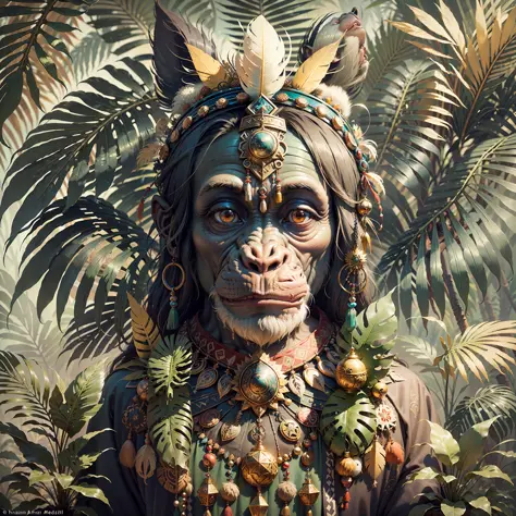 Chimpanzee with headdress ((Shaman)),((meditative state),,Shaman, elegant chimpanzee, hair with details, with Indian headdress o...