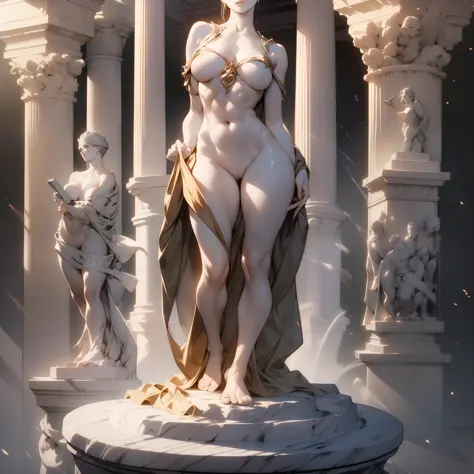 Marble statue of, full body figure, cleavage, shiny stone skin, (naked: 1.4), detailed expression, thin circular pedestal, masterpiece, plain background, dark background, spotlight, high contrast, cinematic lighting, highest quality, best image quality