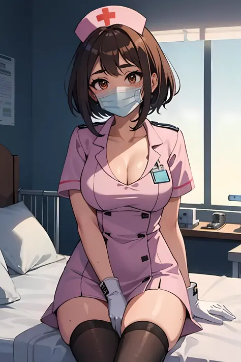 masterpiece, best quality, detailed, solo, 1girl, hmochako, nurse, stockings, seductive pose, nurse cap, chest curtains, gloves,...