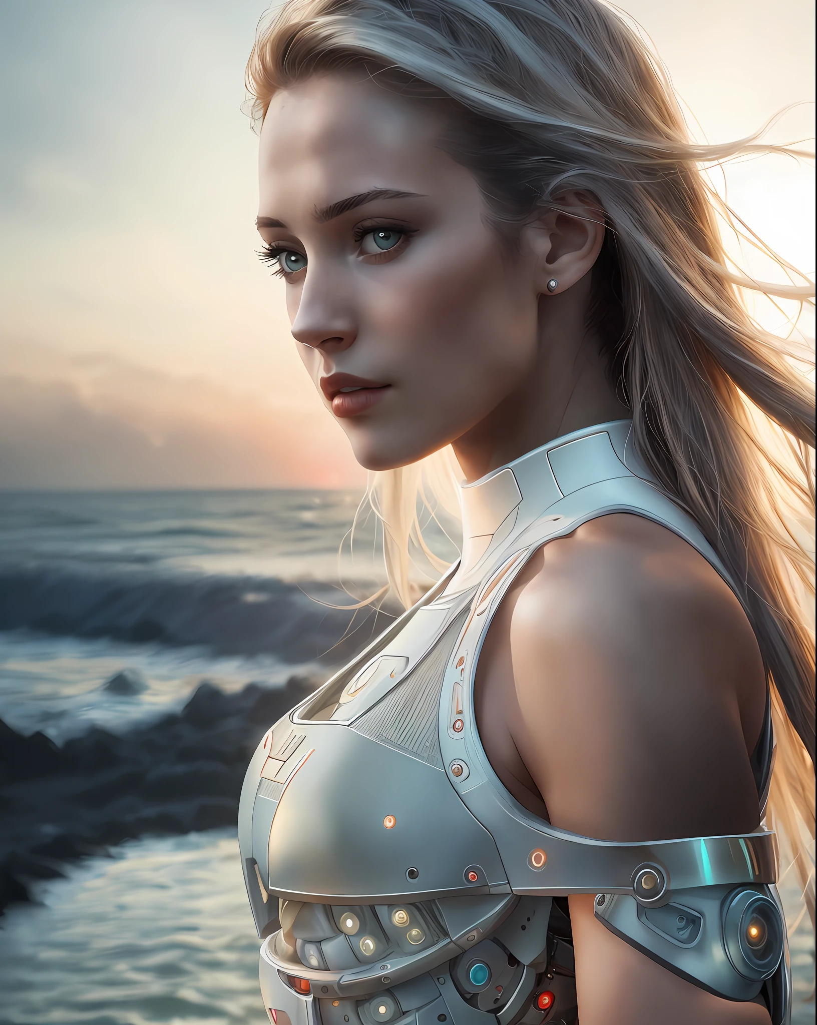 blond woman with long hair standing on beach near ocean at sunset, beutiful white girl cyborg, portrait beautiful sci - fi girl, beautiful female android, beutiful girl cyborg, beautiful android woman, beautiful female android!, futuristic woman portrait, beautiful cyborg girl, perfect android girl, beautiful female cyborg, in white futuristic armor, cyborg - girl with silver hair