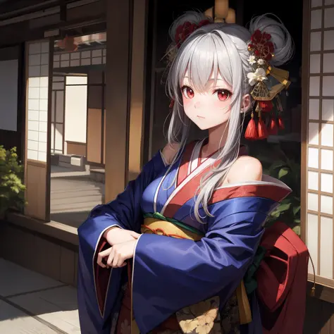 Anime, girl with gray hair and red eyes, beauty, kimono, off-shoulder, kyoto, solo, alone, one person