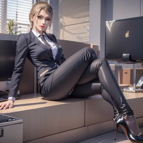 casual pose, black stockings, shirt, women's suit, ol, black silk, black high heels, workplace high heels, black trousers, short...