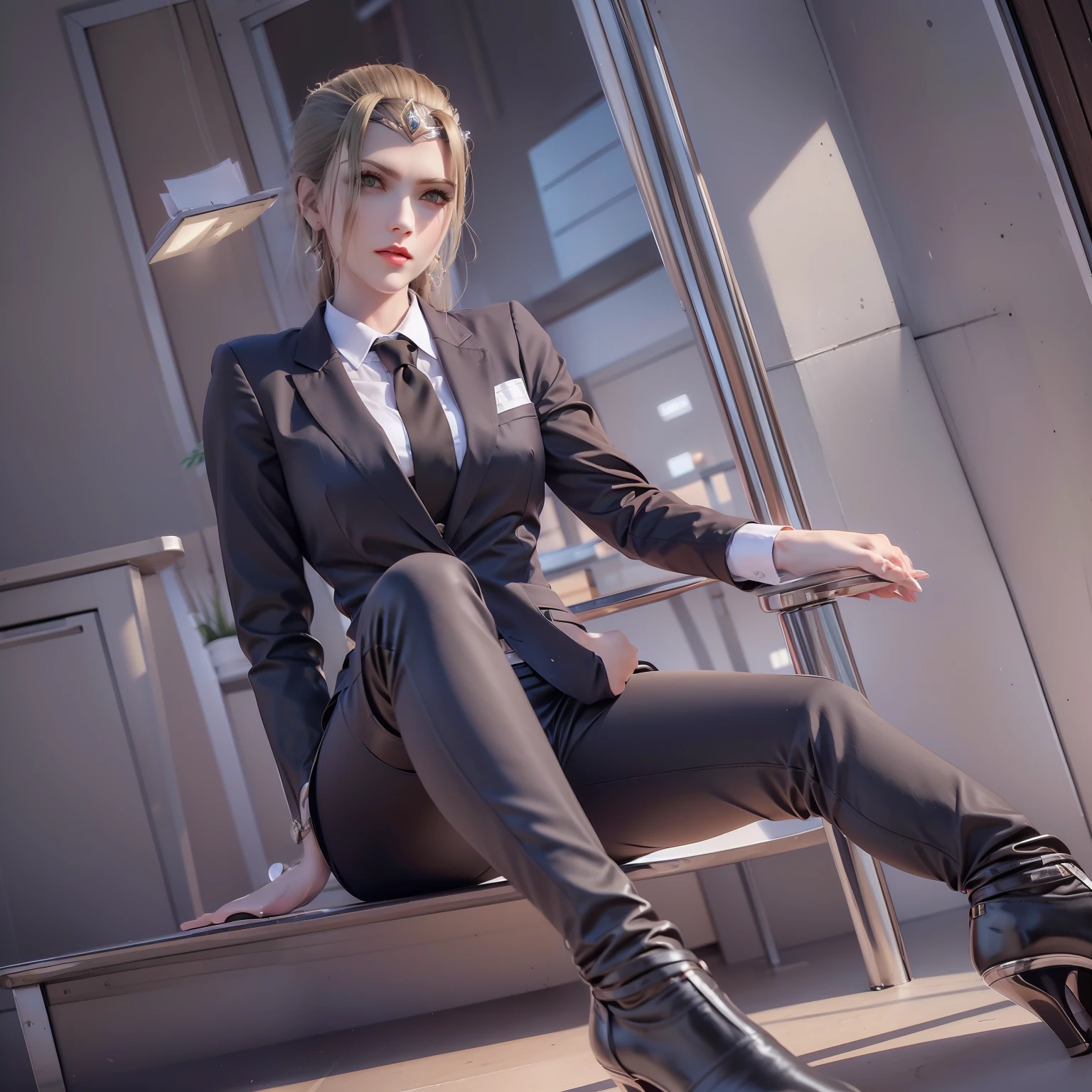 Casual pose, black stockings, shirt, women's suit, OL, black silk, black high heels, workplace high heels, black trousers, short hair, workplace trousers, office, secretary, black suit, women's suit, women's suit, white collar, pocket, black silk