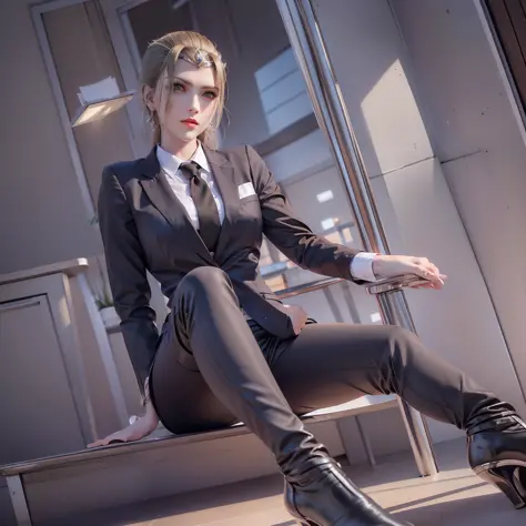 casual pose, black stockings, shirt, women's suit, ol, black silk, black high heels, workplace high heels, black trousers, short...