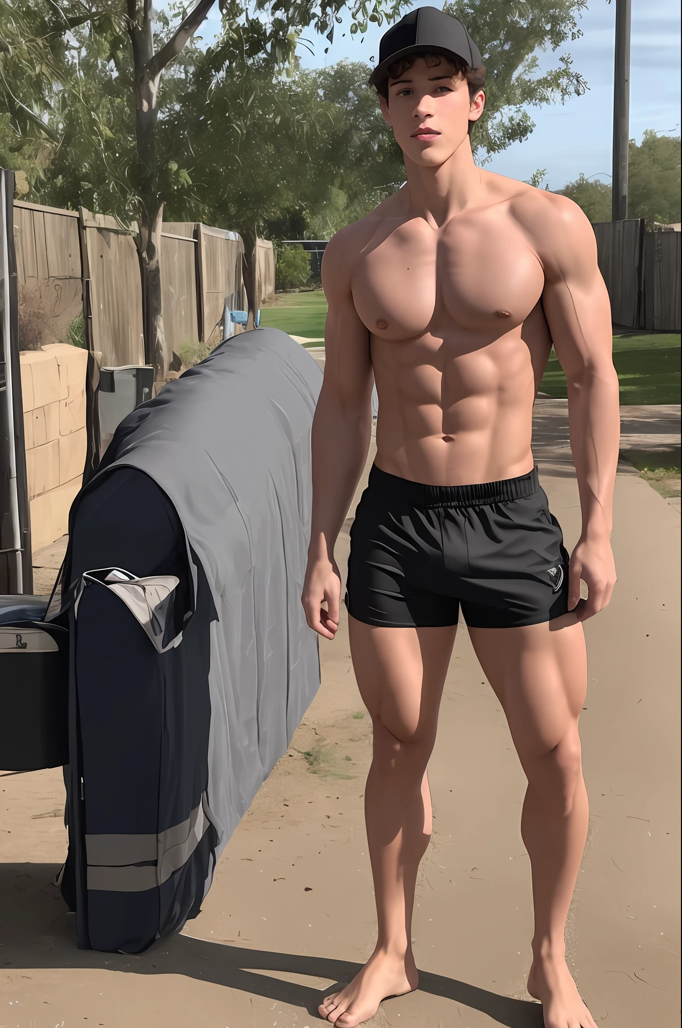 Arafed man in black shorts and a baseball cap standing next to a mailbox -  SeaArt AI