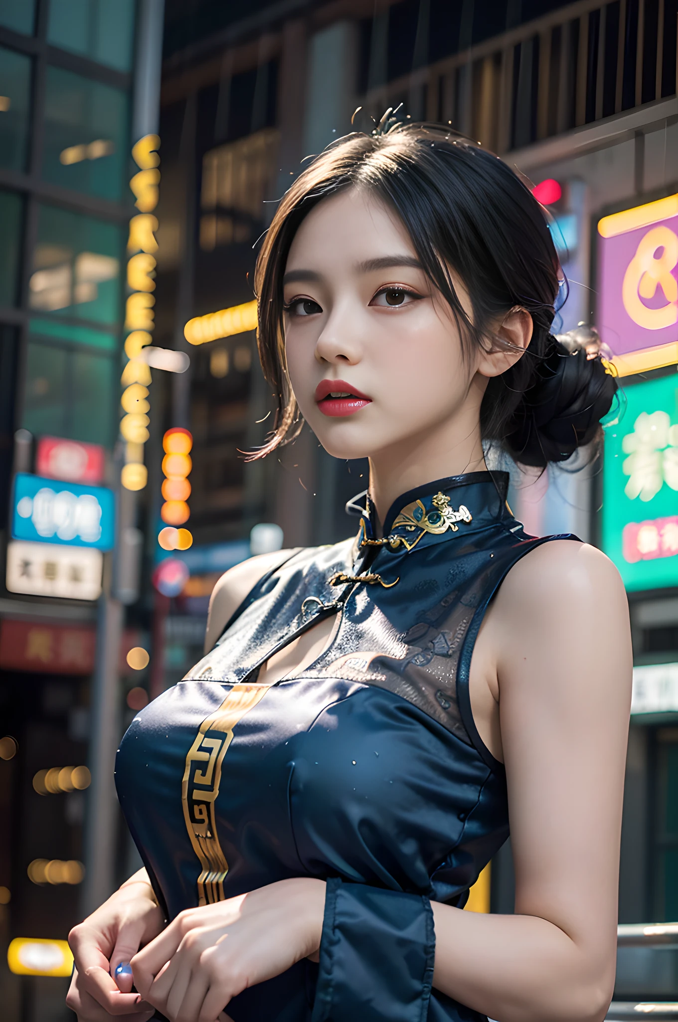 ((best quality)), ((masterpiece)), (detailed), realistic, surreal, surreal, masterpiece, 8k, official art, absurd, high resolution, high quality, ultra-detailed, beauty and aesthetics, futurism, technology, city, night, rain, (1 girl:1.5), cyberpunk, chinese clothing, cheongsam, mechanical parts,