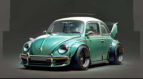 a meticulously detailed photorealistic concept art of a custom hot rod vw beetle with highly glossy paint and wide arch body kit...