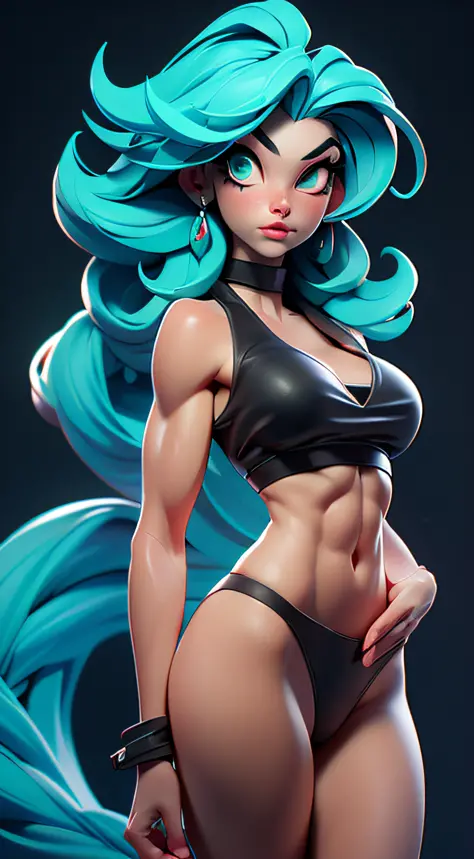 ((Best Quality)), ((Masterpiece)), ((Realistic)) and ultra-detailed photography of a 1nerdy girl with goth and neon colors. She has ((turquoise hair)), wears a small skimpy black thong long robes, ((beautiful and aesthetic)), muscular fit body abs, sexy, u...