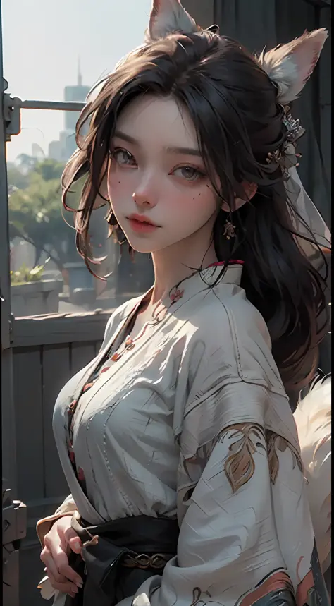 (best quality), ((masterpiece)), (detail: 1.4), 3d, nine-tailed fox, delicate fox ears, hdr (high dynamic range), ray tracing, n...