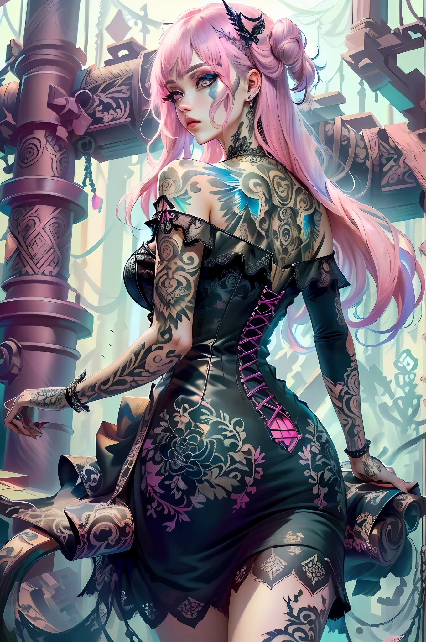 komplexe Details, schöne und zarte Augen, PastelGothAI dress, PastelGothAI-Hintergrund, Weg von der Schulter, Tätowierung, irezumi, Ultrarealistische 8K-CG, Meisterwerk, ((ultra-detaillierter Hintergrund, zartes Muster, komplizierte Details)), beste Qualität, komplizierte Details, 1 Mädchen, Allein, lange Haare, Zerzaustes Haar, hinterrücks