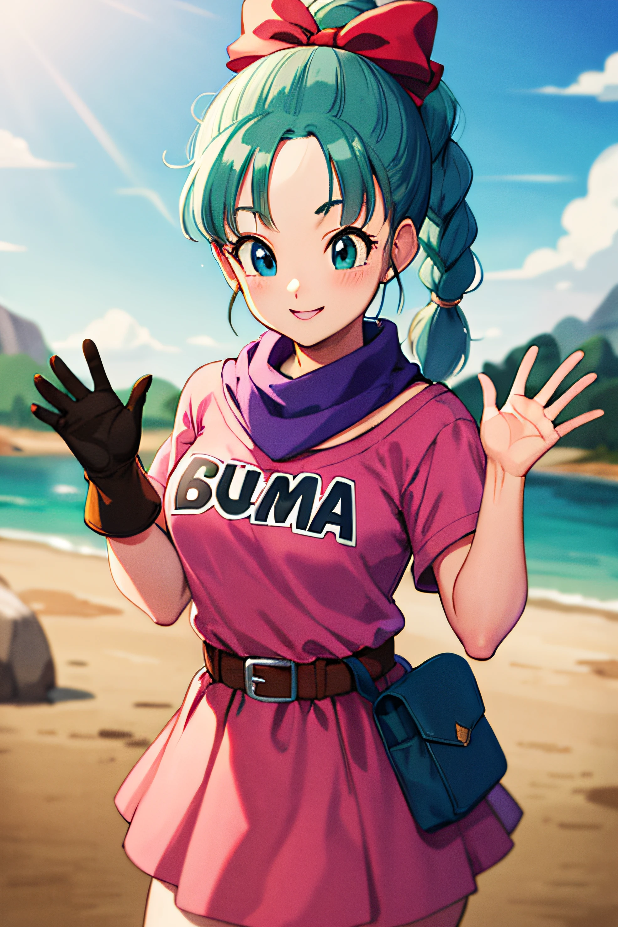 masterpiece, best quality, highres, dragon ball, blmpony, aqua hair, hair ribbon, braided ponytail, pink shirt, belt, scarf, pink skirt, clothes writing, brown gloves, medium breasts, outdoors, cowboy shot, waving, smile