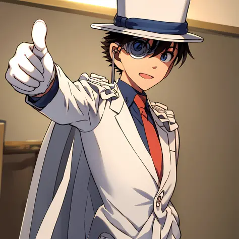 masterpiece, best quality, 1boy, solo, white suit, white cape, top hat, monocle, red necktie, blue shirt, white gloves, pointing...