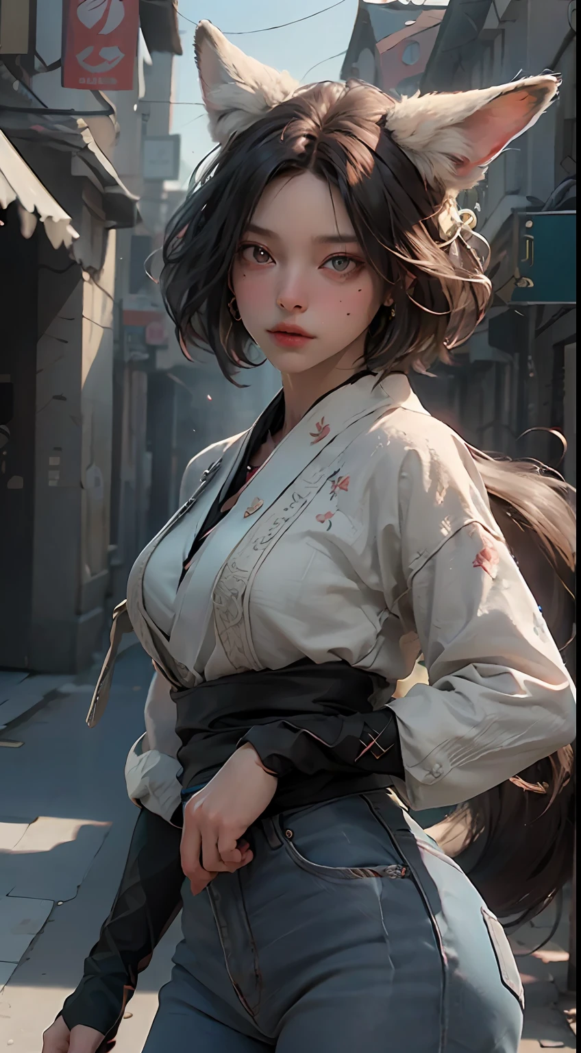 (Best Quality), ((Masterpiece)), (Detail: 1.4), 3D, Nine-Tailed Fox, Delicate Fox Ears, HDR (High Dynamic Range), Ray Tracing, NVIDIA RTX, Super-Resolution, Unreal 5, Subsurface Scattering, PBR Texture, Post-processing, Anisotropic Filtering, Depth of Field, Maximum Clarity and Clarity, Characters' Clothing and Facial Expressions are all very detailed and show detailed depiction. The expression is very feminine and gives people a breathtaking feeling. Multi-layer textures, albedo and specular mapping, surface shading, accurate simulation of light-material interactions, perfect proportions, Octane Render, two-color light, large aperture, low ISO, white balance, rule of thirds, 8K RAW,